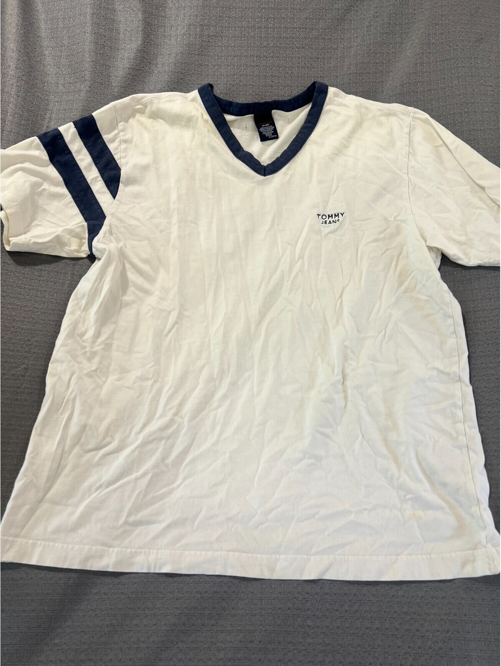 Tommy Jeans Men's XL White Navy Stripe Sleeve V-Neck T-Shirt Cotton